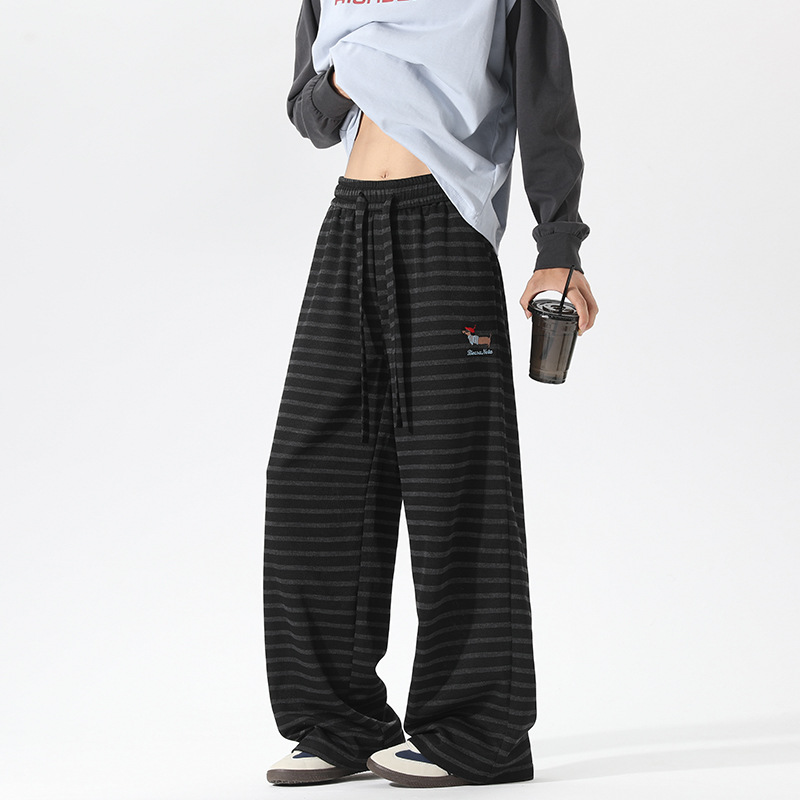 Autumn Striped Dachshund Dog Embroidered Patchwork American Retro Casual Pants For Men Teenagers, With A Relaxed Drape_voghion.com