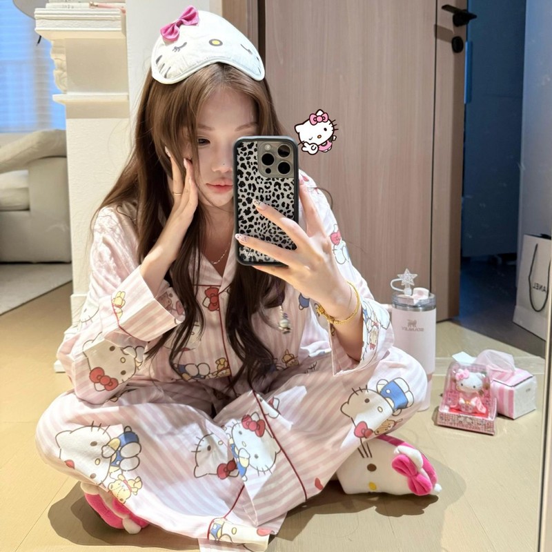 韩系条纹可爱hellokitty睡衣女春秋2025新款少女甜美家居服可外穿|undefined