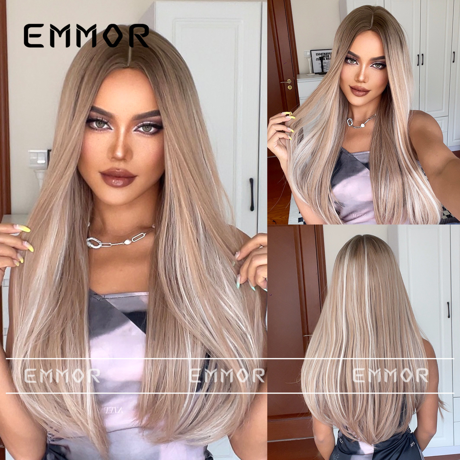 Peluca Mujeres de longitud media sin flequillo degradado teñido marrón largo cabello liso esponjoso natural europeo y americano cubierta de la cabeza completa Peluca de pelo