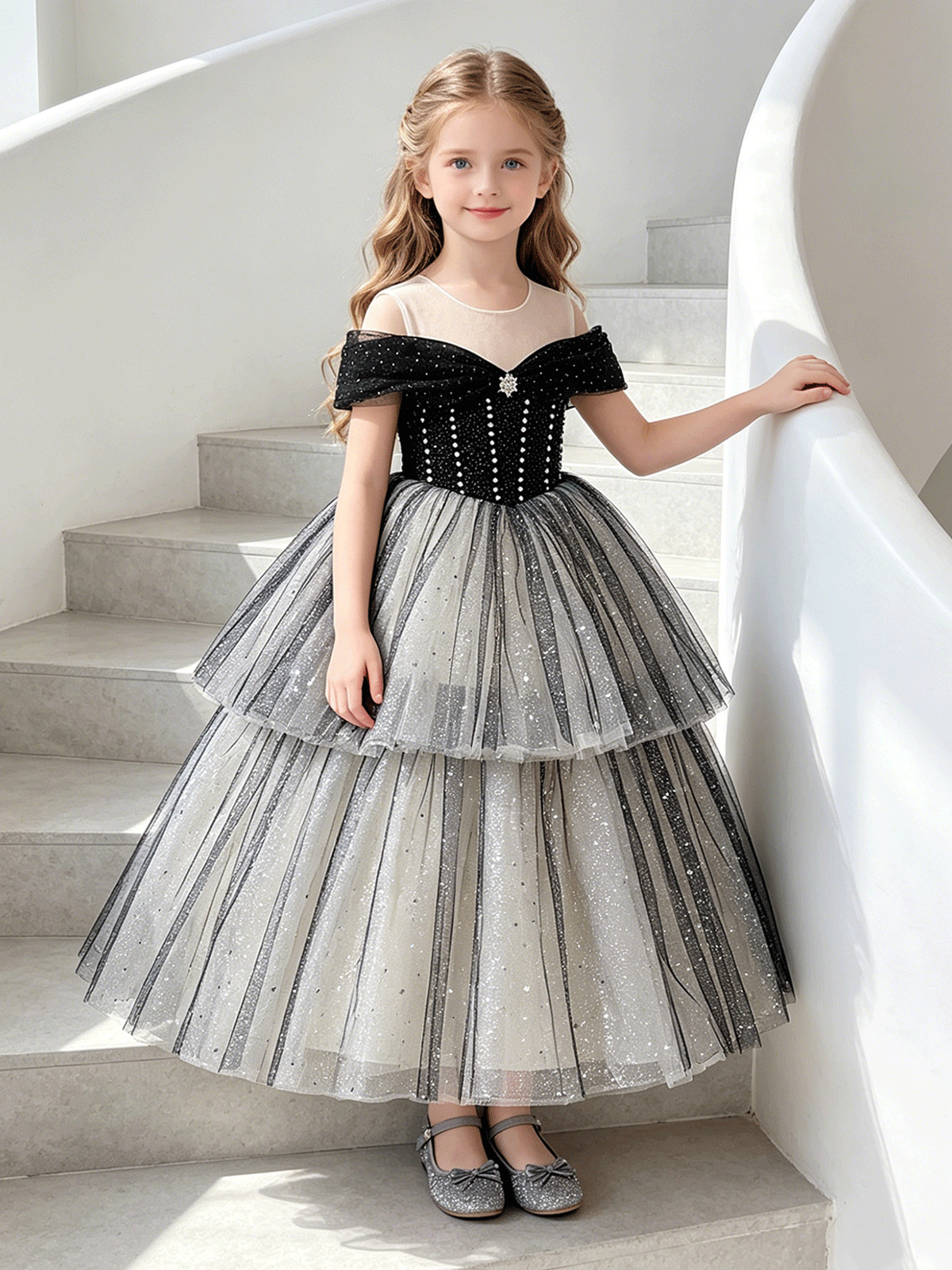 Ropa de nicho lujoso nicho de alta gama vestido de princesa niño pequeño anfitrión de competición de piano tocando vestido de desfile
