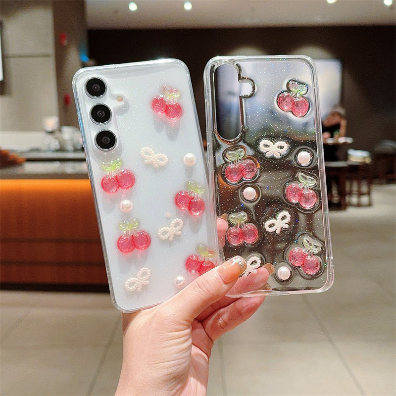 New Transparent Pearl Cherry Bow Suitable for Samsung S25 Mobile Phone Case Korean Galaxys24 Anti-Fall A16