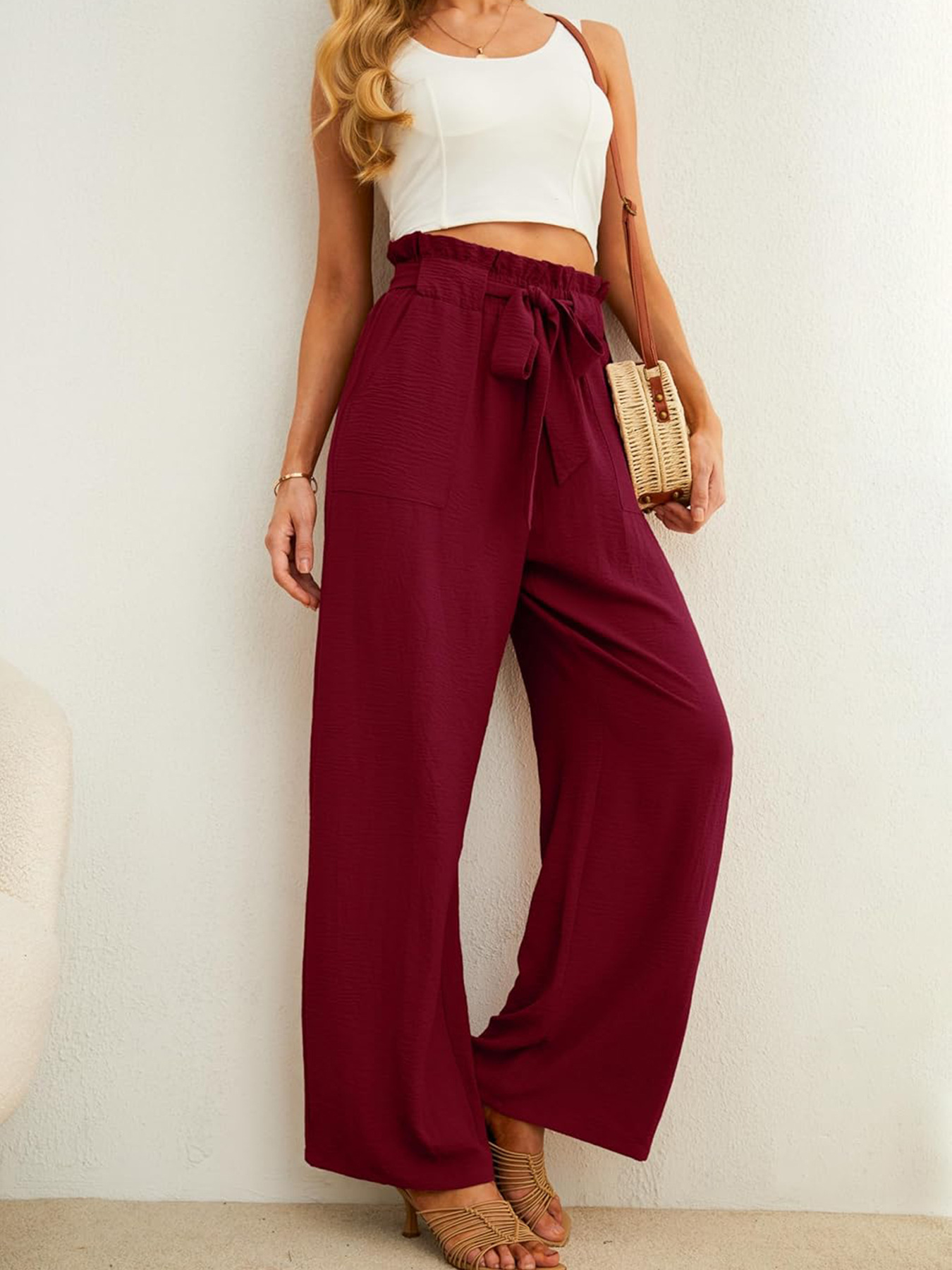 2025 ropa de mujer de cintura alta brotes de flores correa de cintura pantalones de piernas anchas pantalones casuales multicolores delgados comercio exterior al por mayor pantalones de flores image 10