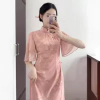 Фуксия летний легкий чоунсам(cheongsam) год 2024 легкий стиль