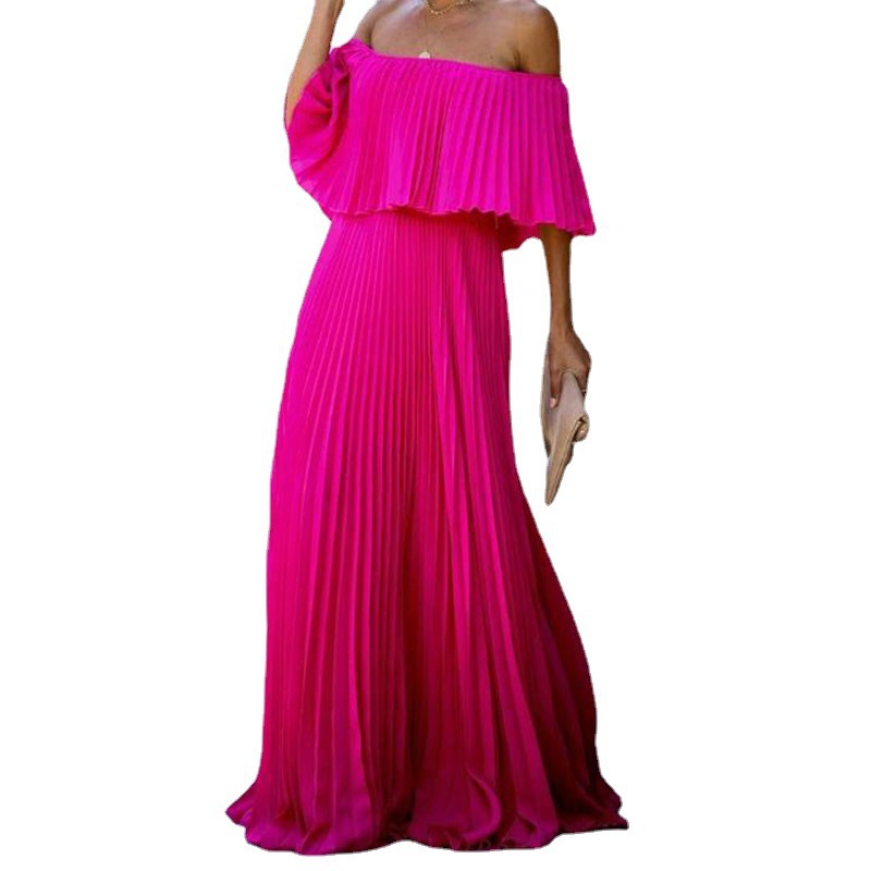 2023 summer new women's chiffon solid color long dress sexy off-the-shoulder wrap chest pressure folding temperament party dress