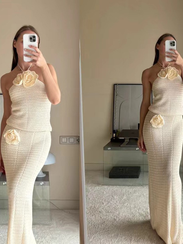 Moda europea y americana mujer color sólido tejido crochet sexy bikini playa traje de baño blusa traje vestido de protección solar