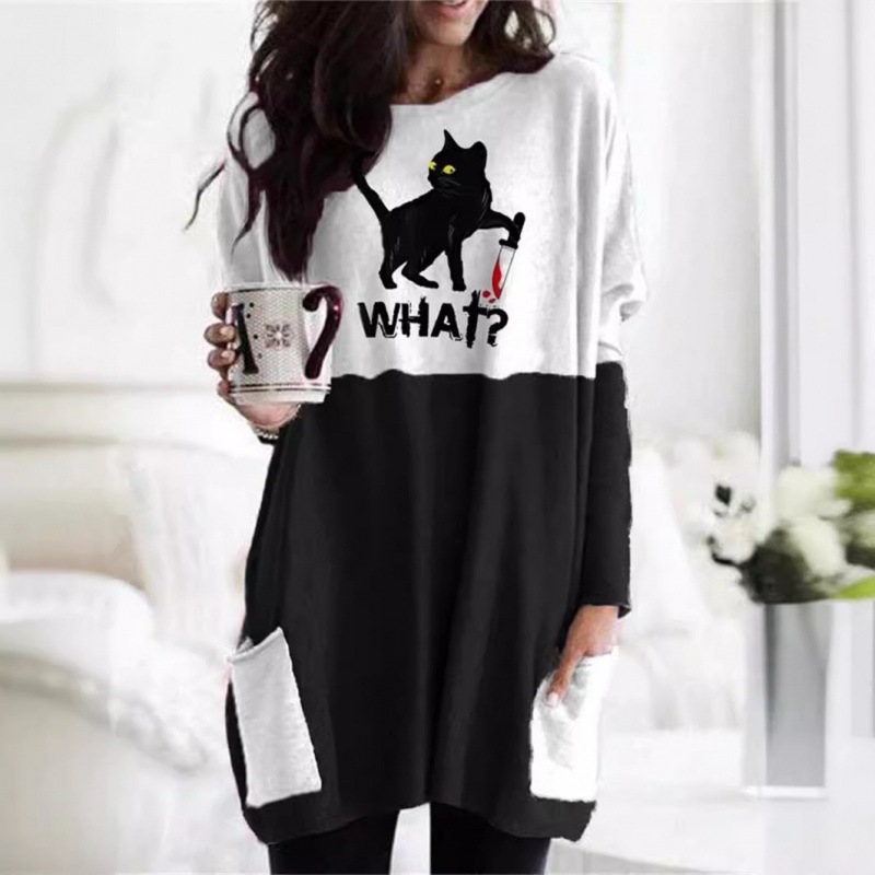 跨境欧美万圣连衣裙宽松长袖大码女式家居服套头落肩口袋长袖T恤