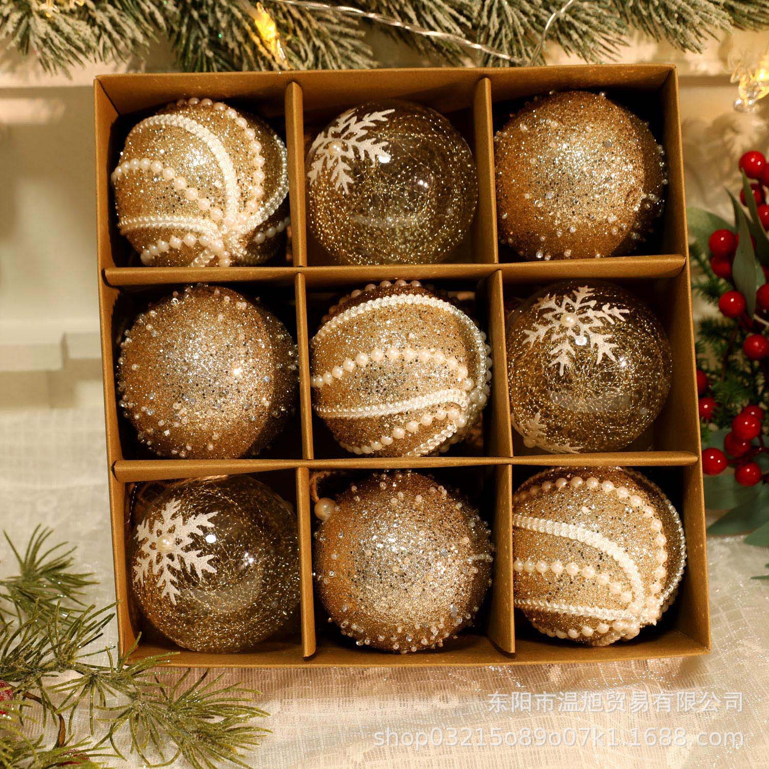 圣诞球8CM挂件圣诞树装饰亚克力透明彩绘金色仿玻璃香槟吊球挂球