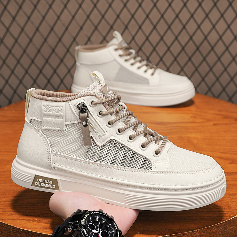 Zapatos de hombre transfronterizos primavera red transpirable delgada hueco zapatos de red deportivos casuales con suela gruesa y altura zapatos de tabla blanca