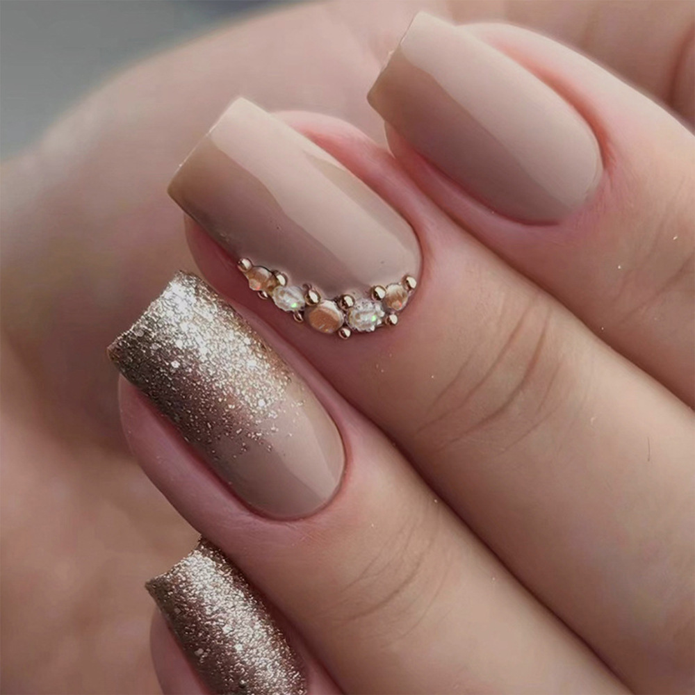 Comercio exterior oro brillante diamante desnudo marrón vestir uñas ins estilo europeo y americano uñas 24 piezas uñas falsas al por mayor