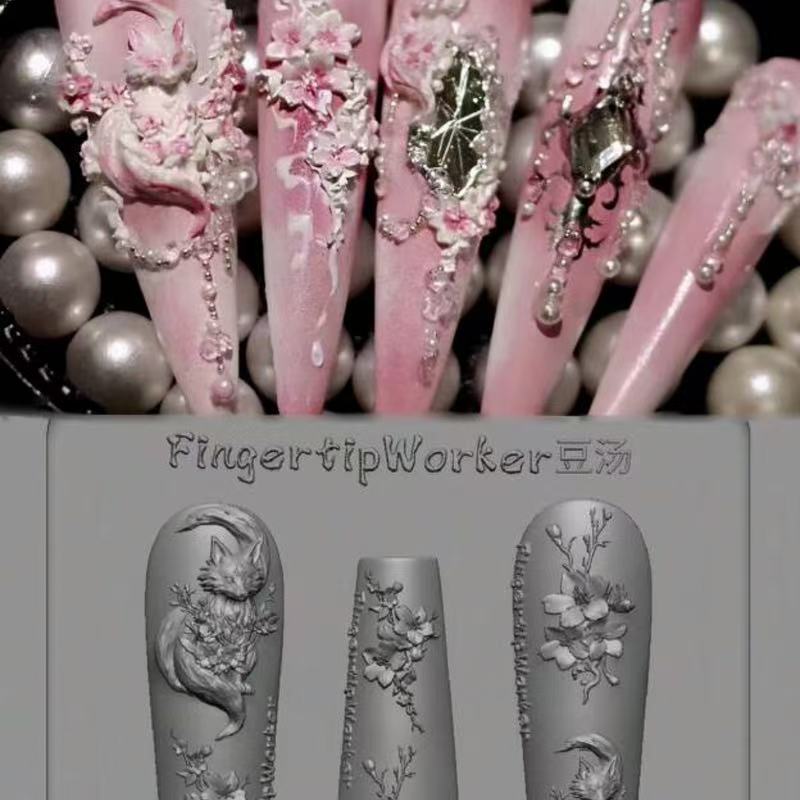 美甲硅胶模具桃花狐狸美甲装饰模具创意穿戴甲装饰硅胶模具|undefined