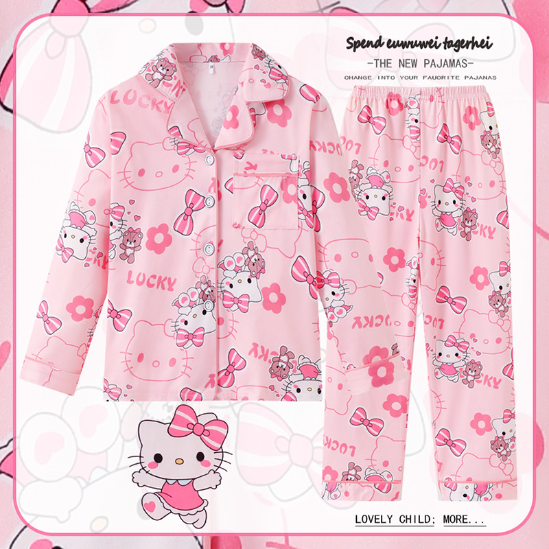 Pijamas para niños del sudeste asiático para niños de primavera y otoño para niñas de manga larga y solapa fina de dibujos animados LABUBU traje de otoño para niños grandes image 28