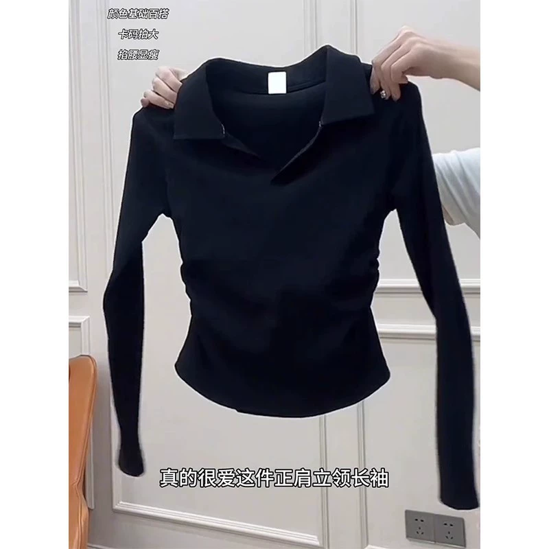 Футболка с поло-воротником приталенная, чёрная, размеры M–4XL, весенняя длинная рукавом