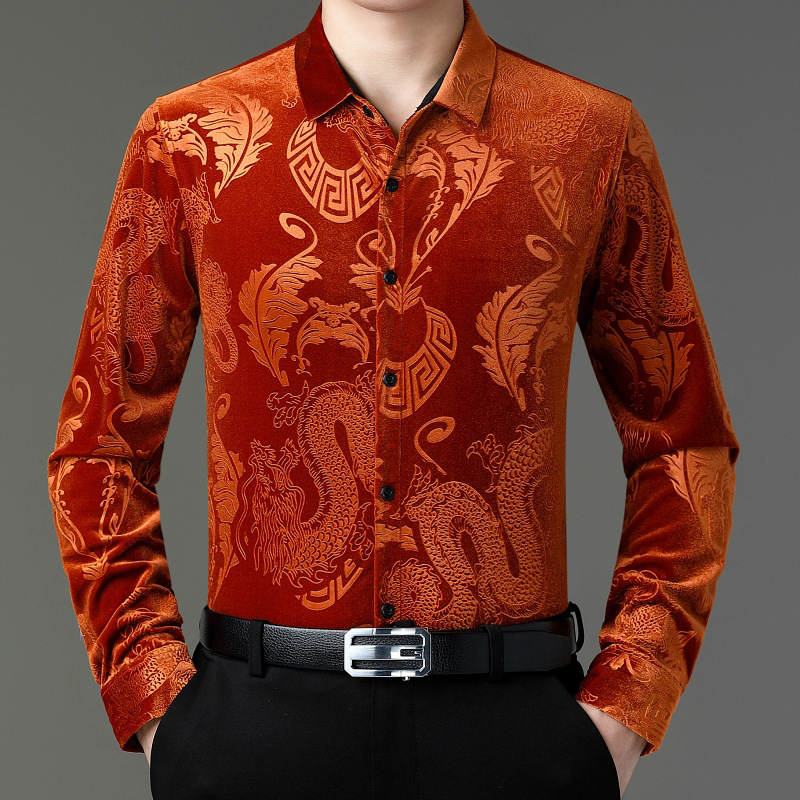 Spring Velvet Long-Sleeve Shirt for Men, Trendy Light Luxury Loose Jacquard Casual Shirt, Men's Clothing Wholesale