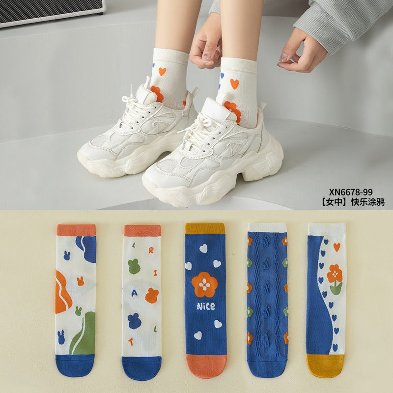 5 pairs socks women's autumn and winter mid-calf women's cute Japanese stockings trendy cartoon simple socks