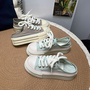 2024 Summer New Thick Sole Small White Shoes Casual Shoes Sneakers for Work Flat Two-Wear Half-Drag Casual Canvas Shoes for Women