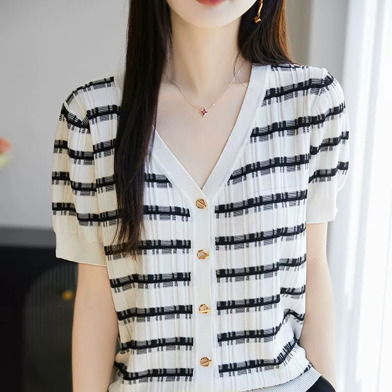 2025 новый летний полосатый кардиган с коротким рукавом, женская футболка, тонкий модный верх из ледяного шелка, трикотажный топ для женщин