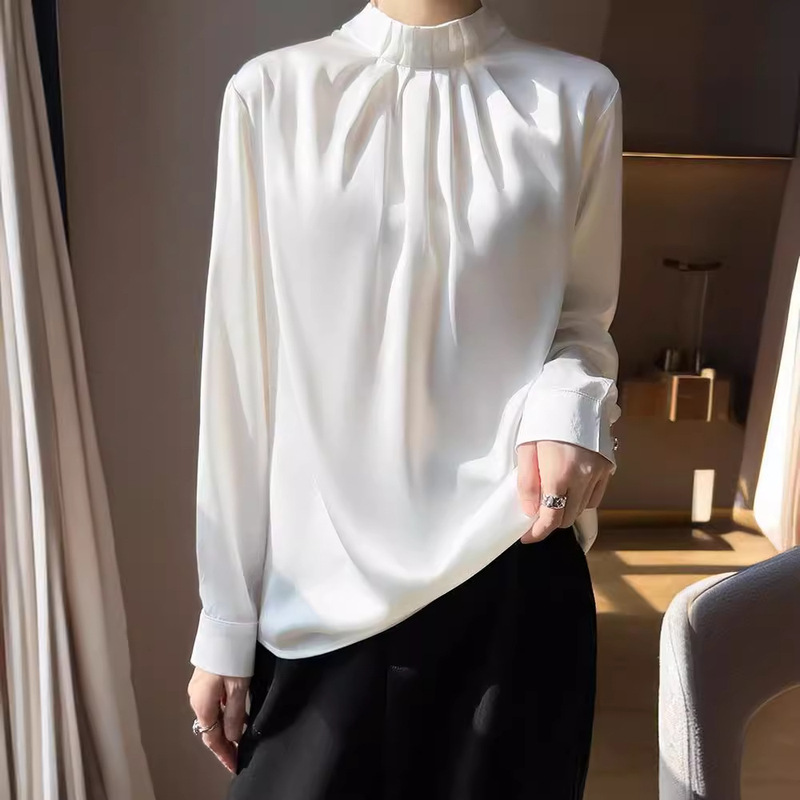 New style draped soft artificial silk three-dimensional lace collar shirt fashionable all-match loose women's French silk shirt
