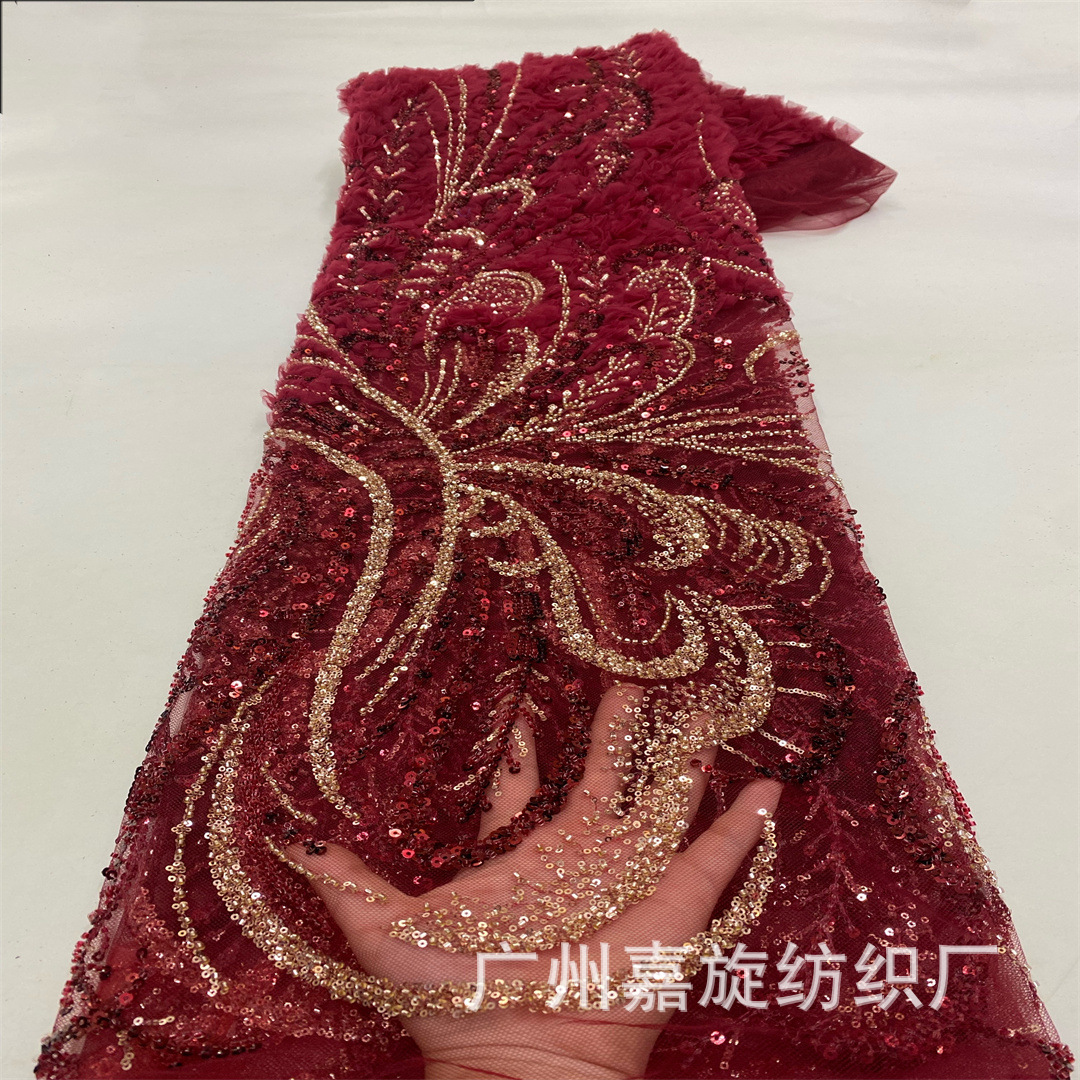 Placa tridimensional de encaje tubo de perlas de posicionamiento flor grande vestido de boda tela alta fijación vestido de banquete rendimiento T pasarela tela bordada