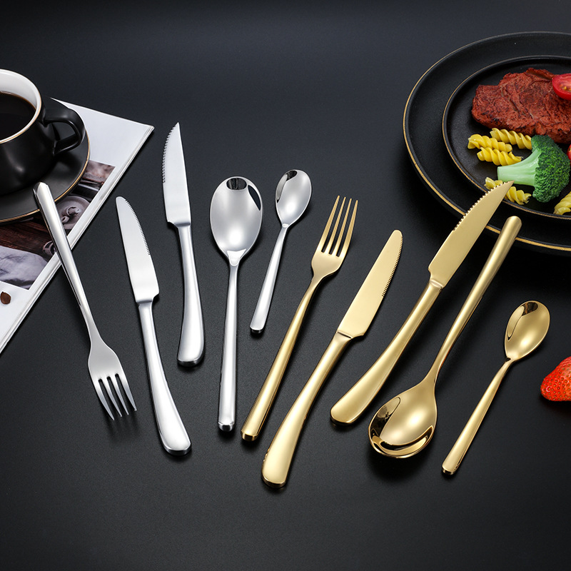 Cuchillo, tenedor y cuchara de acero inoxidable de la serie Moonlight Comida occidental engrosada cuchillo y tenedor de filete cuchara de café plateada en titanio juego de vajillas logo