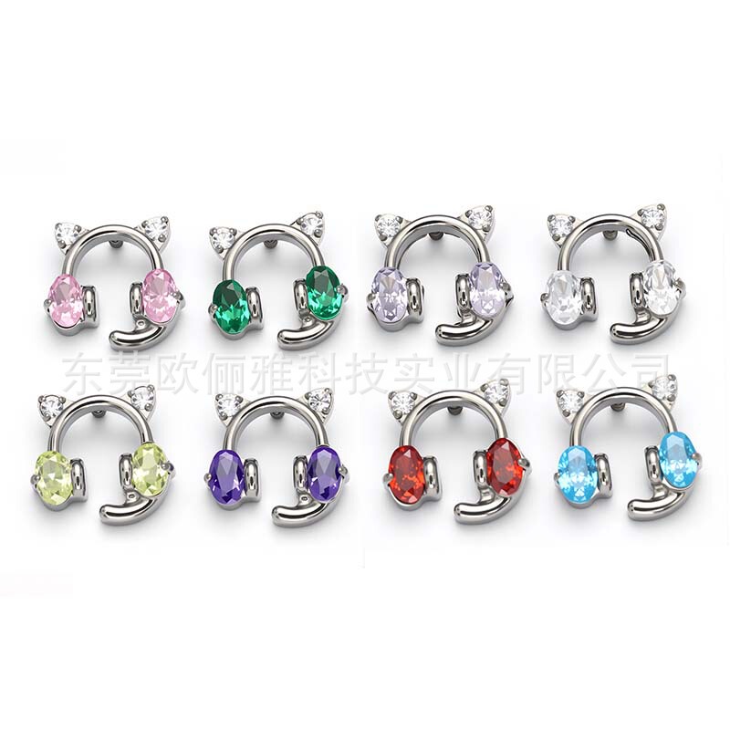 F136 Titanium Alloy G23 New E-Sports Cat Customer Service Wiring Headset Inlaid with 5A Zircon Ear Lip Nail Piercing Jewelry Head