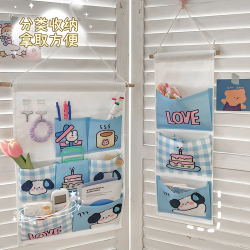 Fabric storage bag hanging behind dormitory door wall-mounted storage bag college student bedside wall hanging mobile phone storage pocket