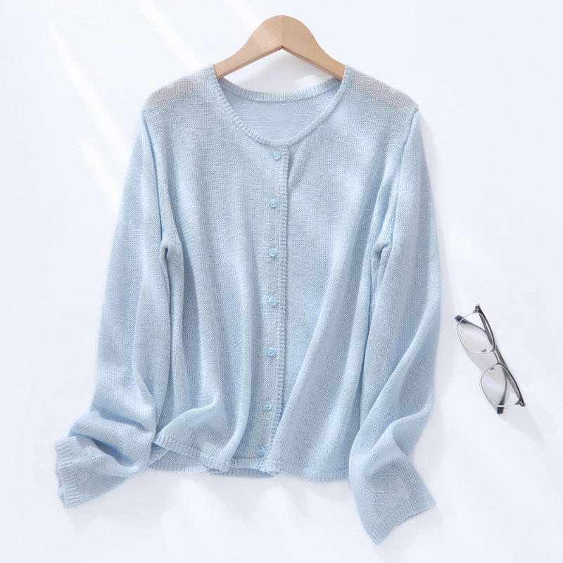 2026 Spring/Summer New Tencel Bamboo Linen Round Neck Knitted Cardigan Long Sleeve Women's Solid Color Thin Loose Top