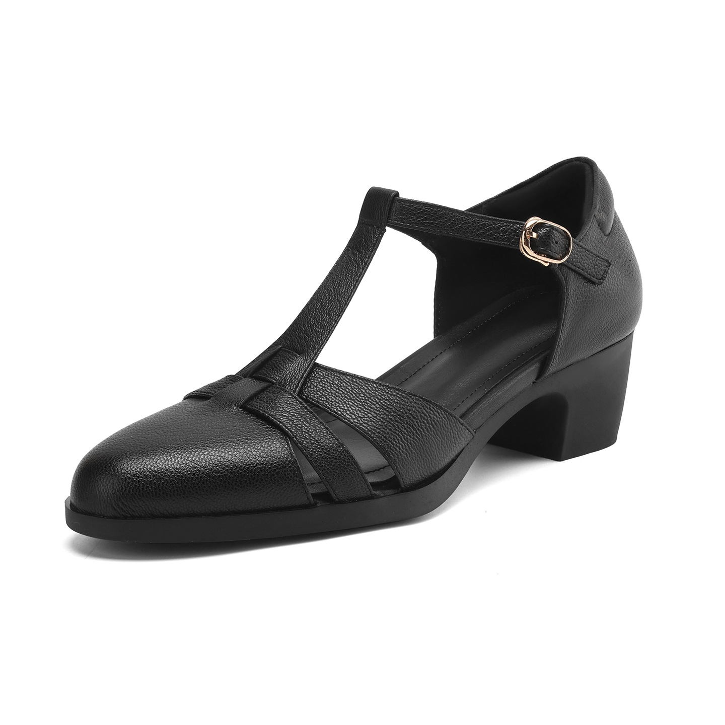 Sandal nữ gót vuông quai ngang phong cách La Mã, đế rỗng, dệt chéo khóa T — đen chi tiết 28