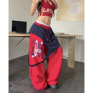 辣到中暑美式嘻哈街头不规则屁帘假两件爵士舞弯刀裤女夏跳舞裤子