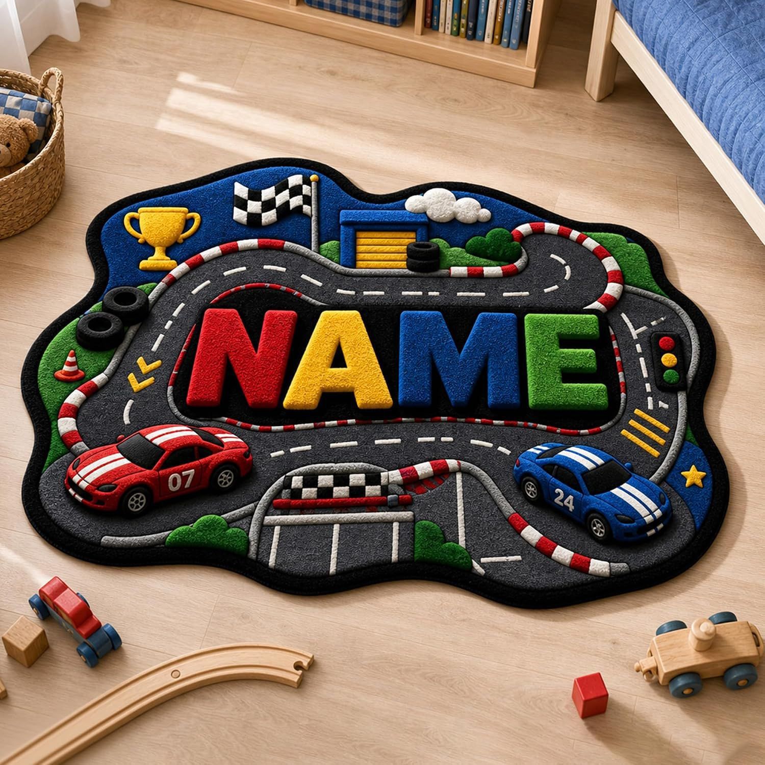 Childish Cartoon Children's Carpet, Imitation Cashmere, Skin-Friendly, Soft and Thick, Children's Room Insulation Foot Mat, Construction Vehicle Racing Mat
