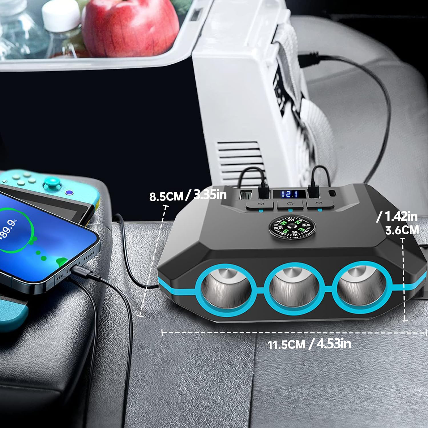 Car Cigarette Lighter Adapter with Switch, Voltage Display, 4 USB Ports, 120W Custom Car Charger for Mobile Phones