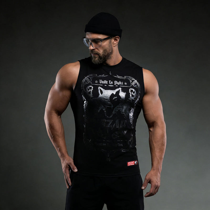 Vszap Retro Rock Style Sleeveless Vest Genuine T-Shirt Men's Black Fashion Printed Fitness Sports Trendy Outfit