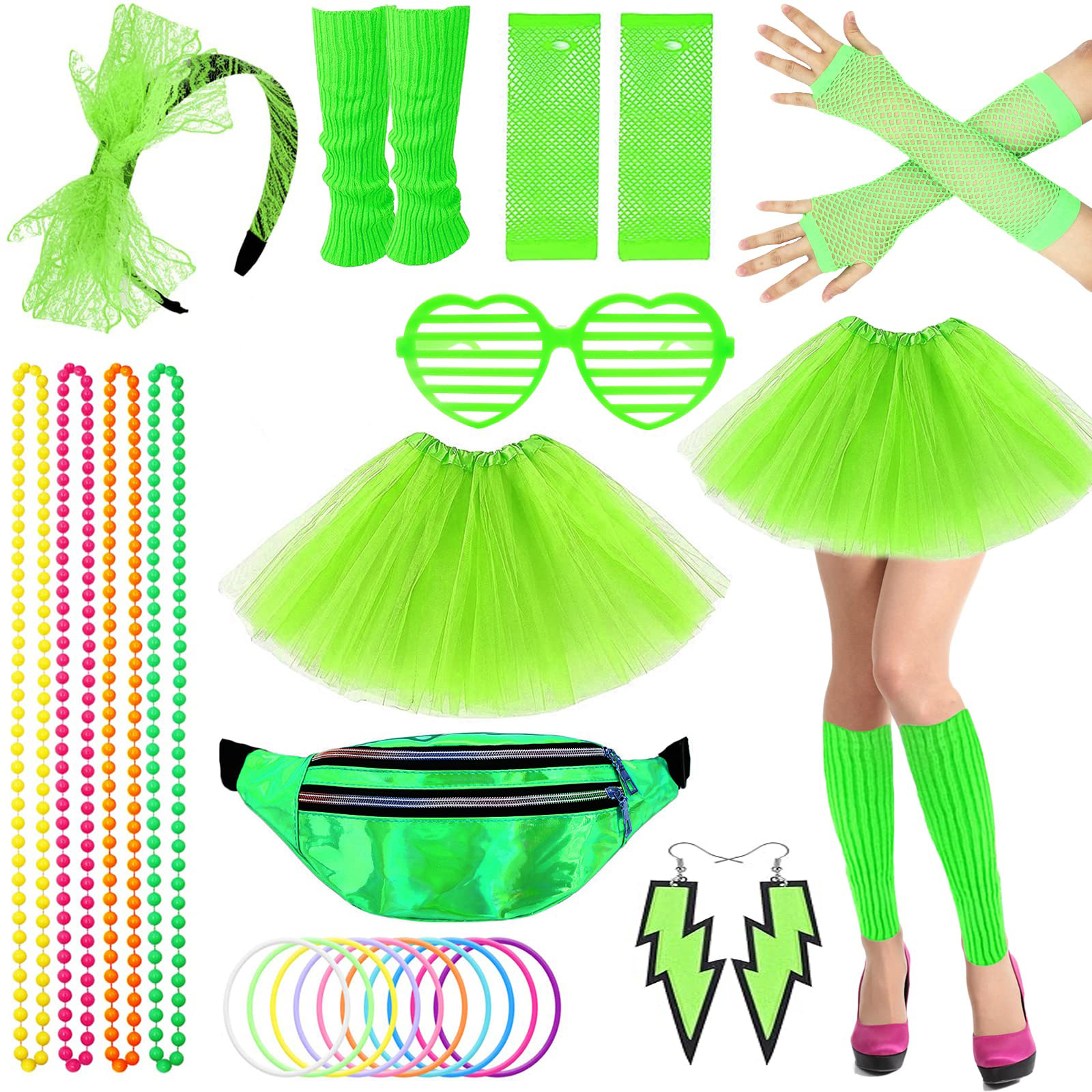 1980s fiesta de baile fiesta fiesta de color neón diadema diadema aretes red de pesca guantes piernas conjunto cálido conjunto de falda tutu