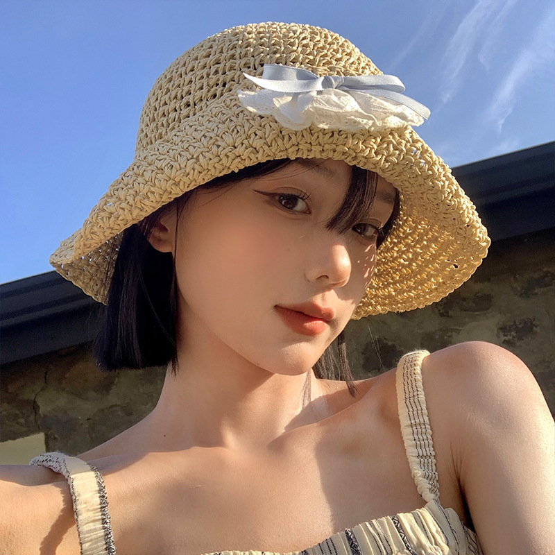 夏季海边法式蕾丝蝴蝶结草帽女遮阳编织镂空渔夫帽子可折叠太阳帽