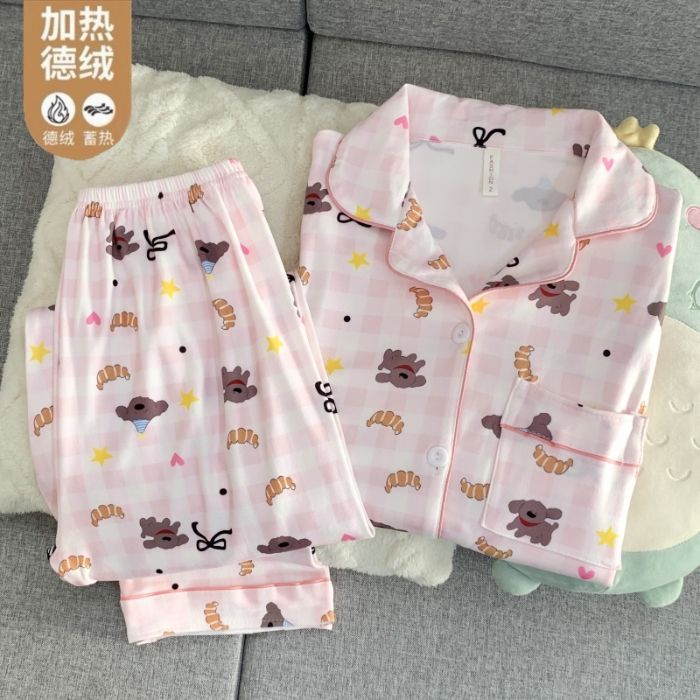 Al por mayor transfronterizo otoño y invierno explosión de ternilla caliente pijama de manga larga mujer traje dulce cardigán de dibujos animados con solapa ropa para el hogar