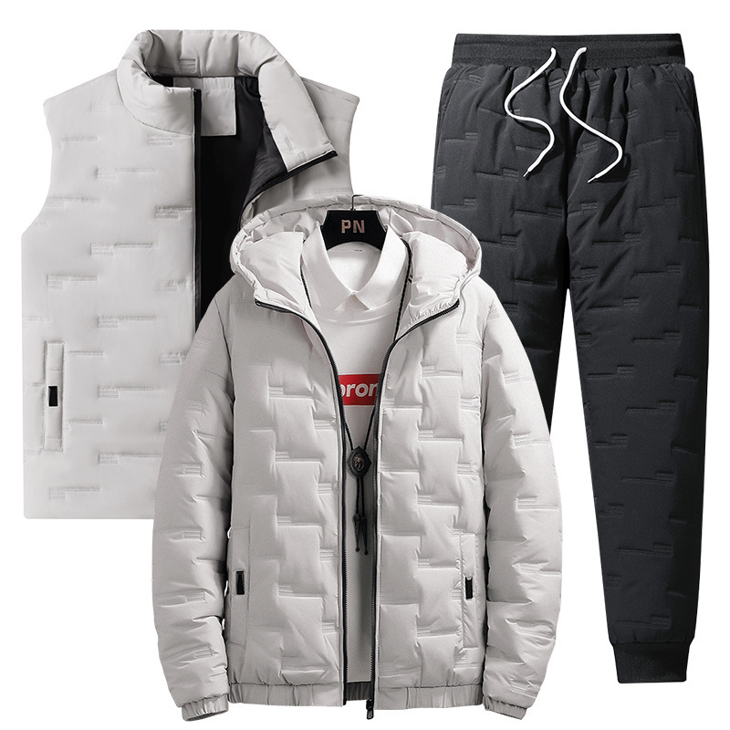 Transfronterizo 2024 ropa de algodón de hombre de tres piezas con pantalones casuales gruesos abrigo de invierno chaleco de algodón cálido conjunto de chaleco al por mayor