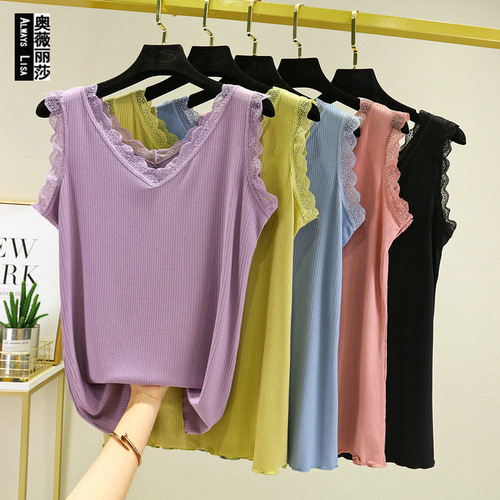 Lace-Trimmed Spliced Double-V Neck Camisole for Women – Spring/Summer New Arrival, Sleeveless Base Top for Outer Wear or Layering