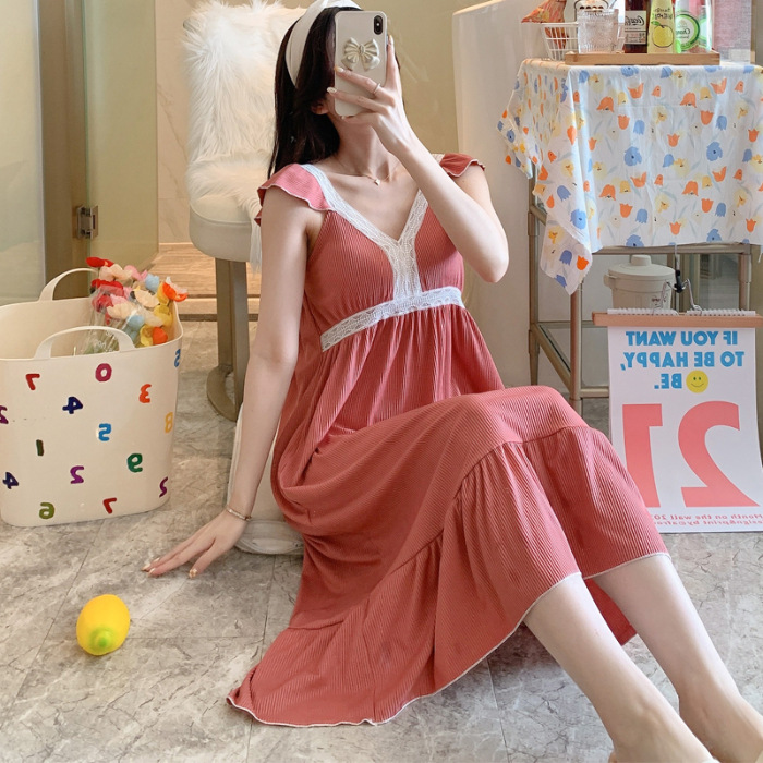 Sudeste de Asia verano lunares sexy con almohadilla en el pecho de media longitud camisón chica de encaje dulce pijama Sling homewear