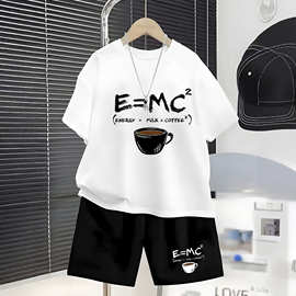 跨境男童夏季套装E=MC²趣味咖啡印花网眼透气短袖短裤休闲两件套