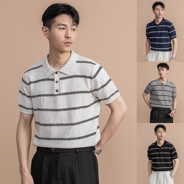 Polo camiseta de punto camiseta de manga corta hombre V-collar gaviota collar solapa vieja camiseta de hielo de viento de verano fábrica transfronteriza al por mayor