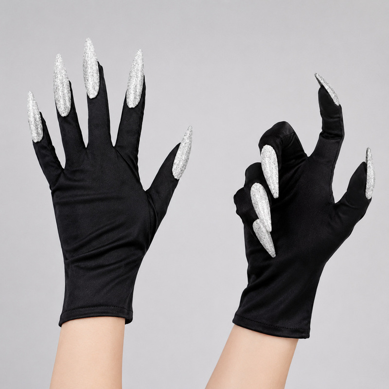 Halloween black long nail gloves, silver, gold, red glitter claw covers for cosplay party performances