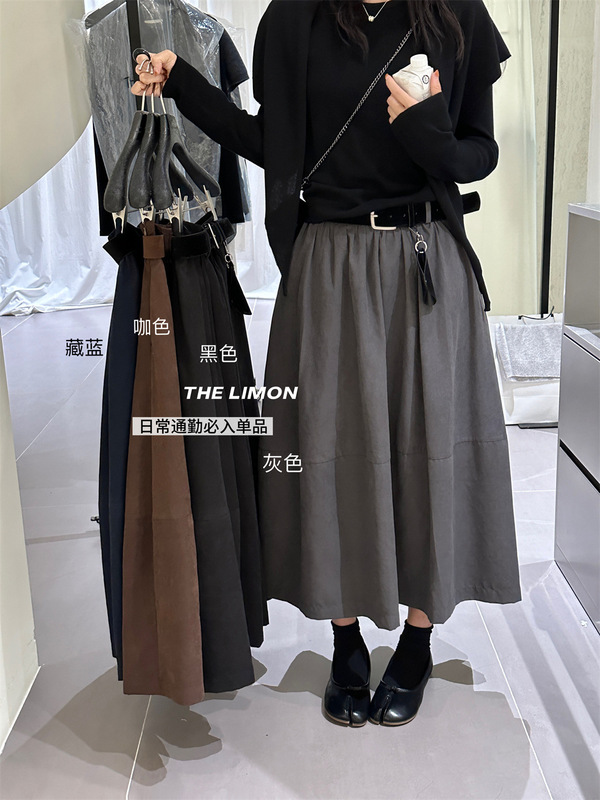 十三行高腰显瘦赫本风中长款伞裙女2025秋季百搭A字半身裙配腰带|undefined