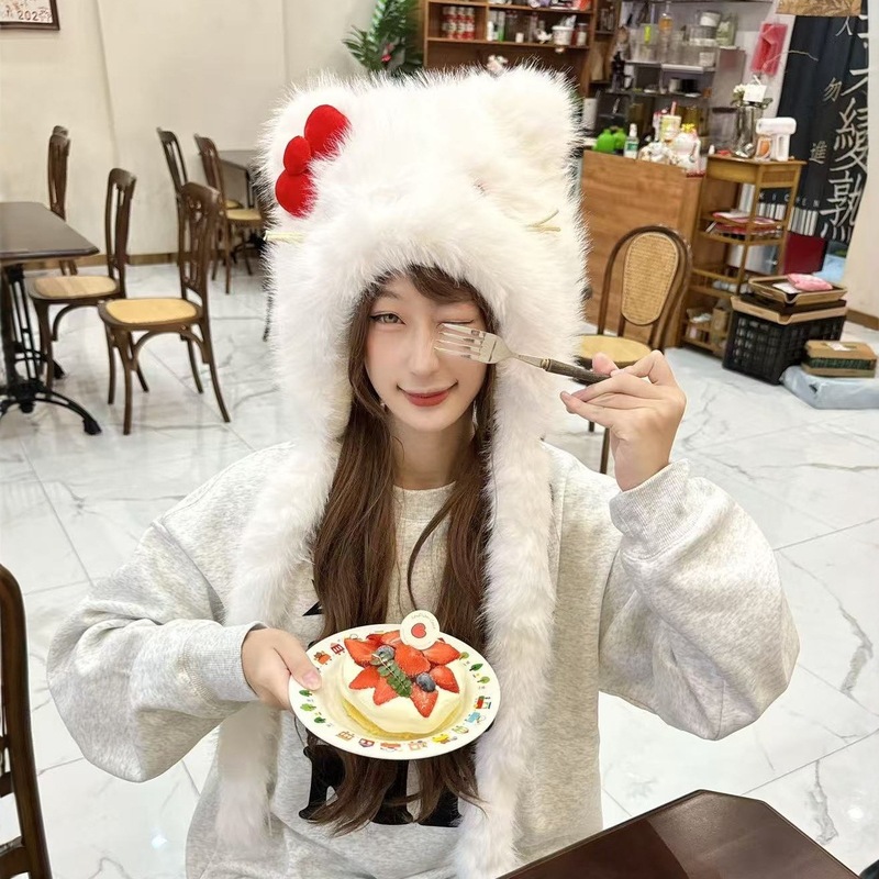 2025新款女冬季毛绒帽子韩系凯蒂猫蝴蝶结帽子可爱时尚保暖毛绒帽|undefined