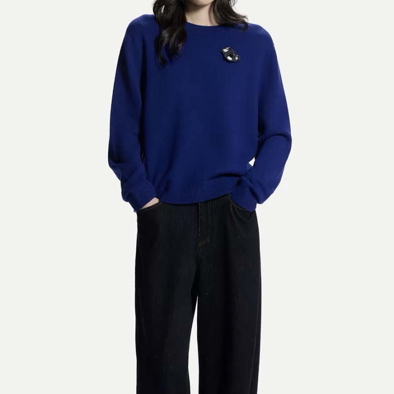Original foreign trade women's E@* cobalt blue round neck sweater, classic simple round neck design, 2026 autumn fashion new style Original foreign trade women's E@* cobalt blue round neck sweater, classic simple round neck design, 2026 autumn fashion new style