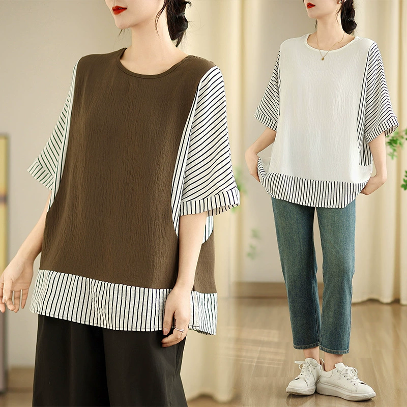Футболка с короткими рукавами в полоску с реальными выстрелами для женщин 2025 года новый большой размер свободного отдыха с уменьшением возраста, поддельный топ из двух частей