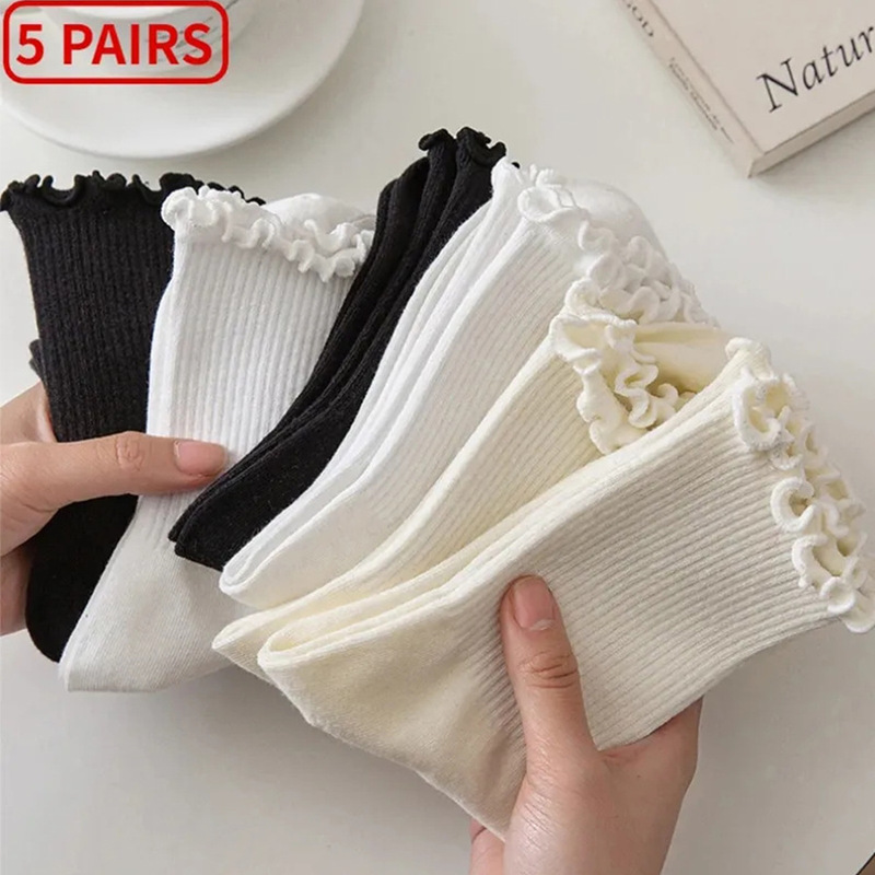 Ruffled socks women's mid-calf socks autumn and winter wooden ear women's socks black white all-match solid color pile socks