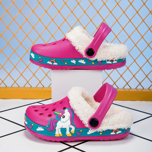 Fujian children's velvet hole shoes autumn and winter boys and girls EVA cotton slippers dinosaur excavator available