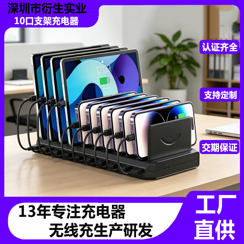 Multi-Port Charger 10Usb with Storage Rack 10-Position Pd Port Universal Desktop Charging Stand for Tablets and Mobile Phones High Power