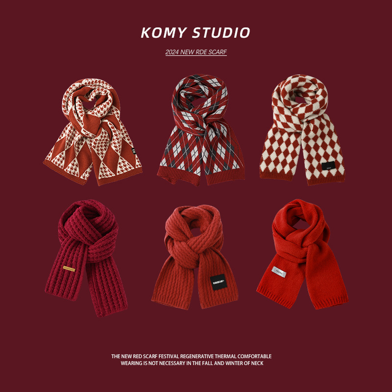 Red Scarf Women's Winter Birthday New Year Gift High-grade Knitted Plaid Wool Scarf Thickened Warm Neck for Couple