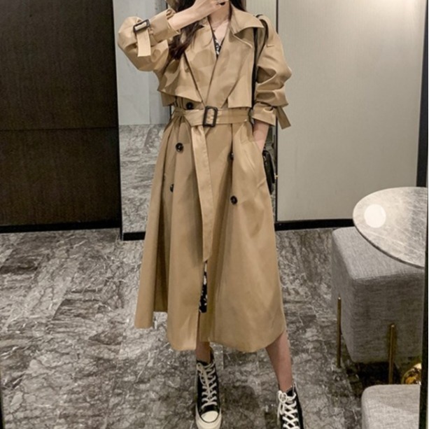 Women's Clothing Mid length khaki trench coat autumn and winter new loose casual over the knee British style coat jacket_voghion.com