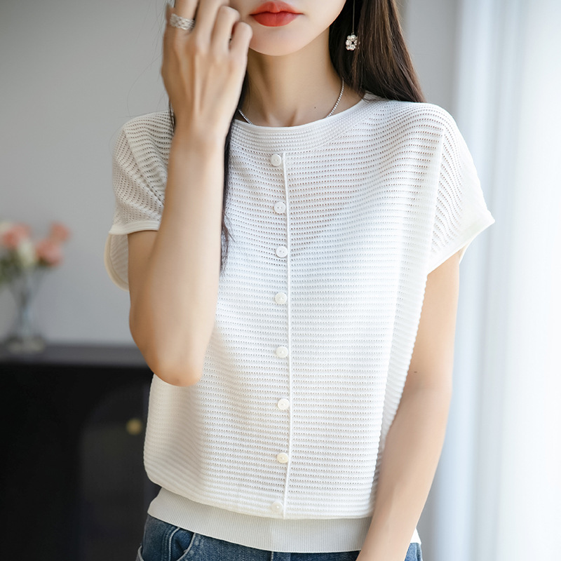 Summer New Style Ice Silk Button Pit Round Neck Bat Sleeve Short-Sleeved Knitwear Women's Cut Out T-Shirt Top Bottoming Shirt